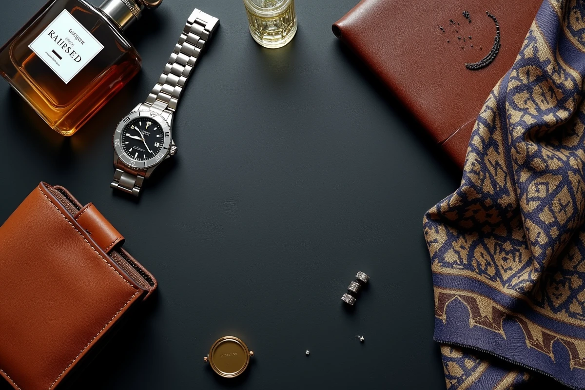 Composition à plat d'accessoires de luxe LVMH incluant montre suisse, flacon de parfum, portefeuille en cuir et foulard en soie sur ardoise