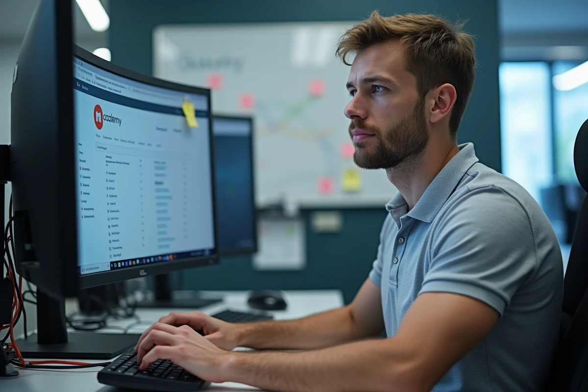 Administrateur informatique configurant l'accès au webmail de l'académie de Lyon sur un poste de travail double écran