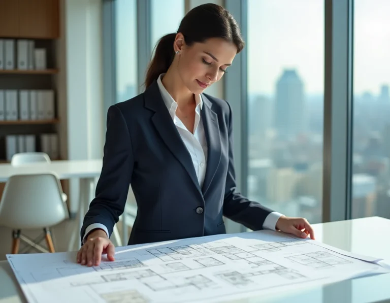 Femme agent immobilier analysant des plans architecturaux dans une agence moderne pour un projet immobilier réussi