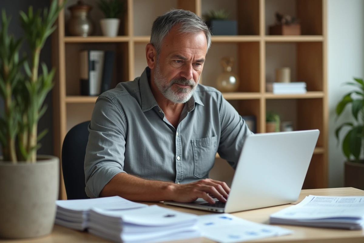 Aidant familial organisant les documents administratifs pour constituer un dossier APA en ligne