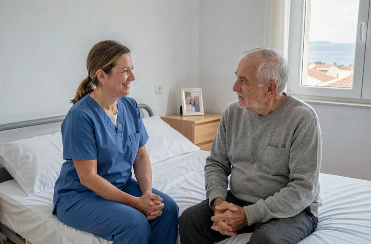 Une aide-soignante discute avec un résident âgé dans une chambre individuelle d'un EHPAD à Toulon