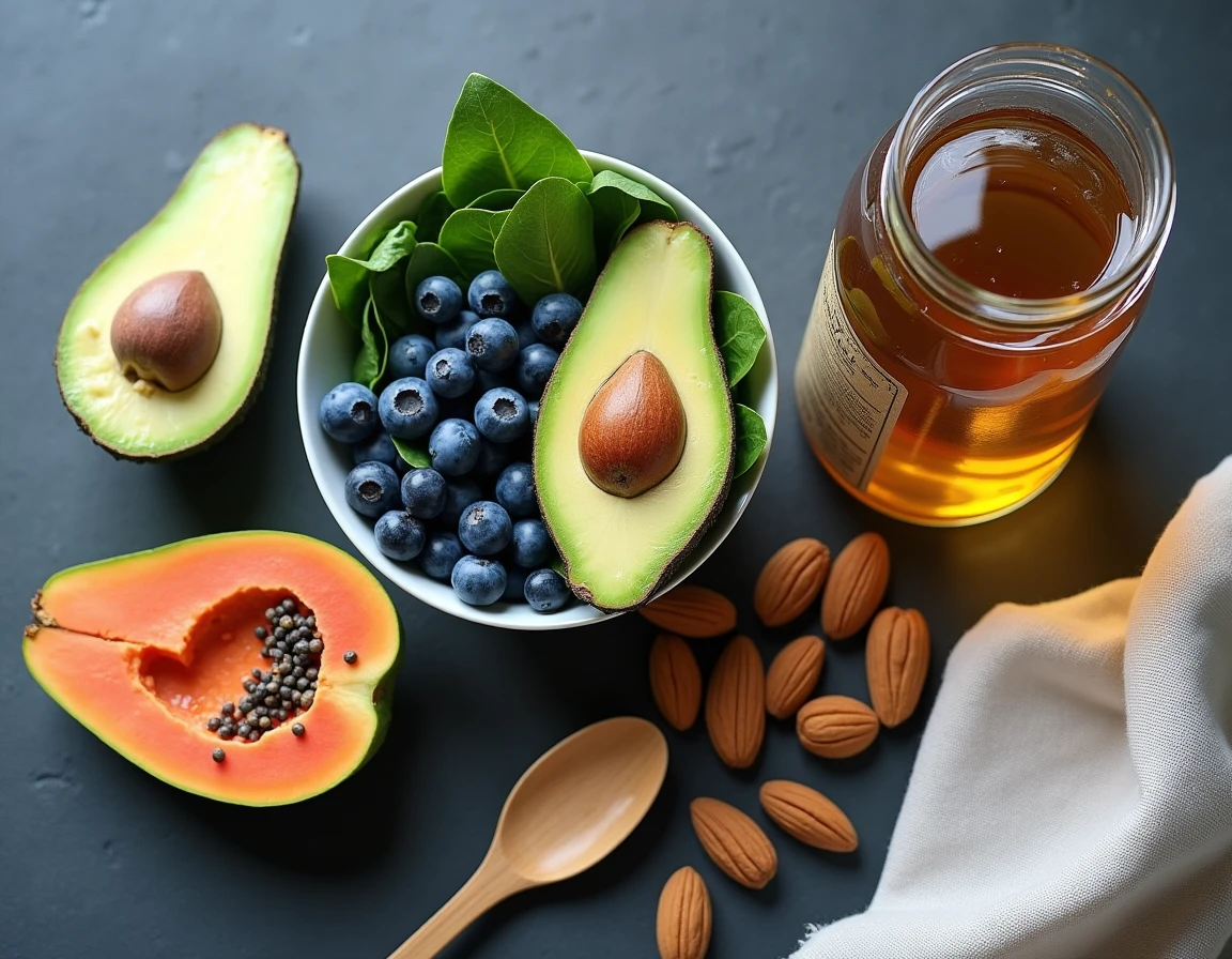 Vue de dessus d'aliments naturels bénéfiques pour le pancréas incluant avocat, myrtilles, épinards et amandes sur une surface en ardoise grise