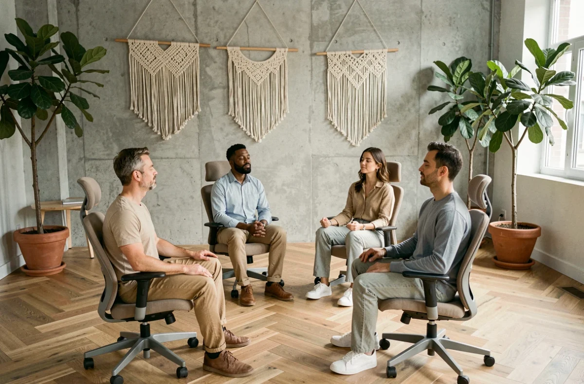 Groupe de professionnels participant à un atelier de pleine conscience dans un espace de coworking bien-être