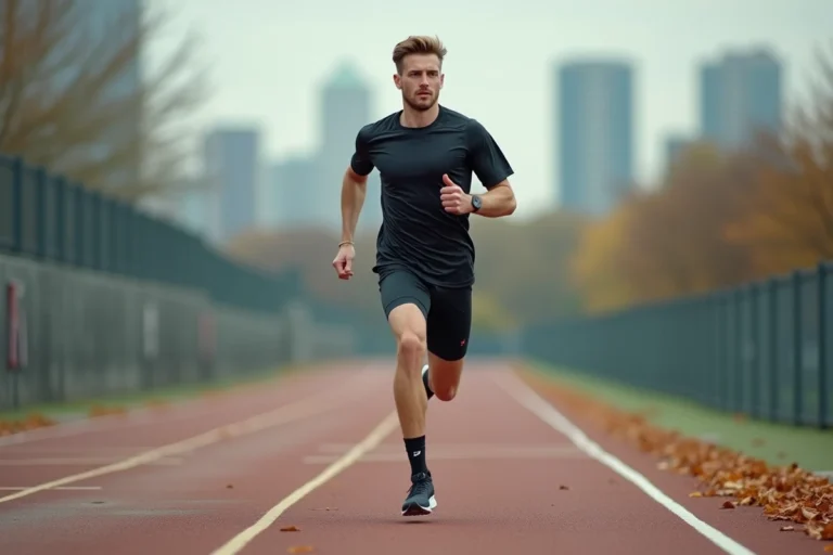 Athlète masculin en plein effort sur une piste d'athlétisme urbaine, illustrant les dernières tendances sportives