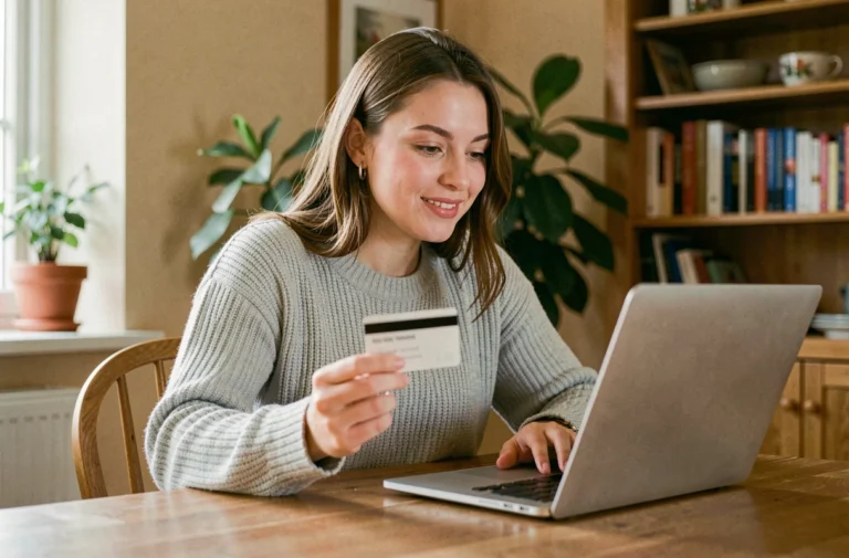 Jeune femme utilisant une cagnotte en ligne sur son ordinateur portable à la maison