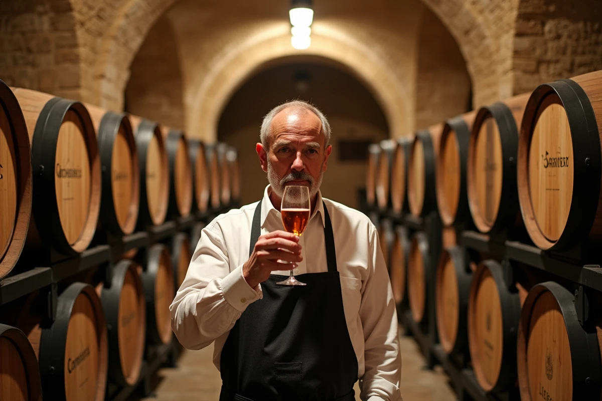 Maître de chai examinant un verre de vin dans une cave viticole de prestige avec rangées de tonneaux en chêne et bouteilles de champagne