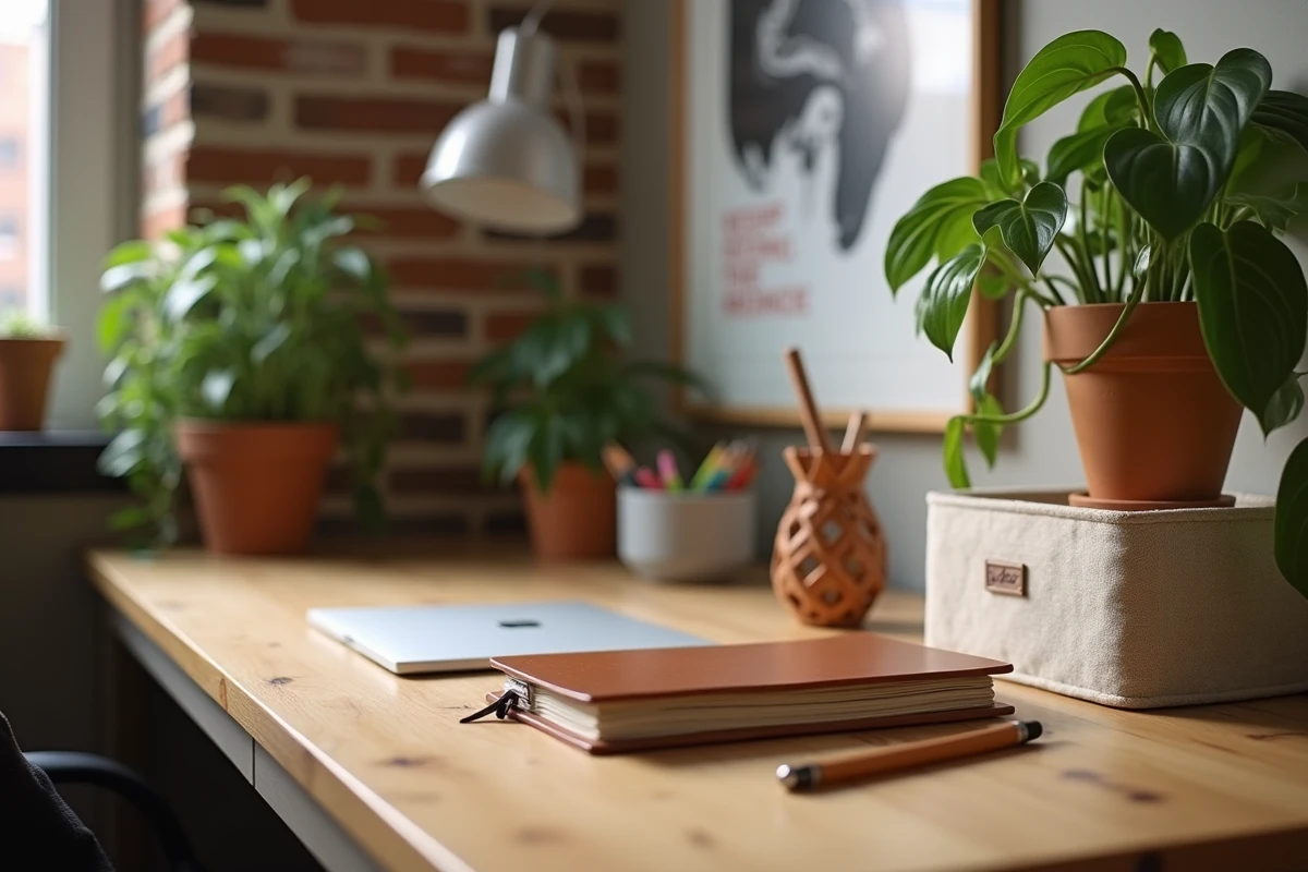 Coin bureau à domicile organisé avec des accessoires décoratifs en bois, métal et céramique dans un appartement urbain chaleureux