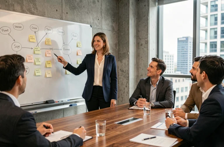 Consultante en entreprise présentant une stratégie innovante à une équipe dans un bureau moderne