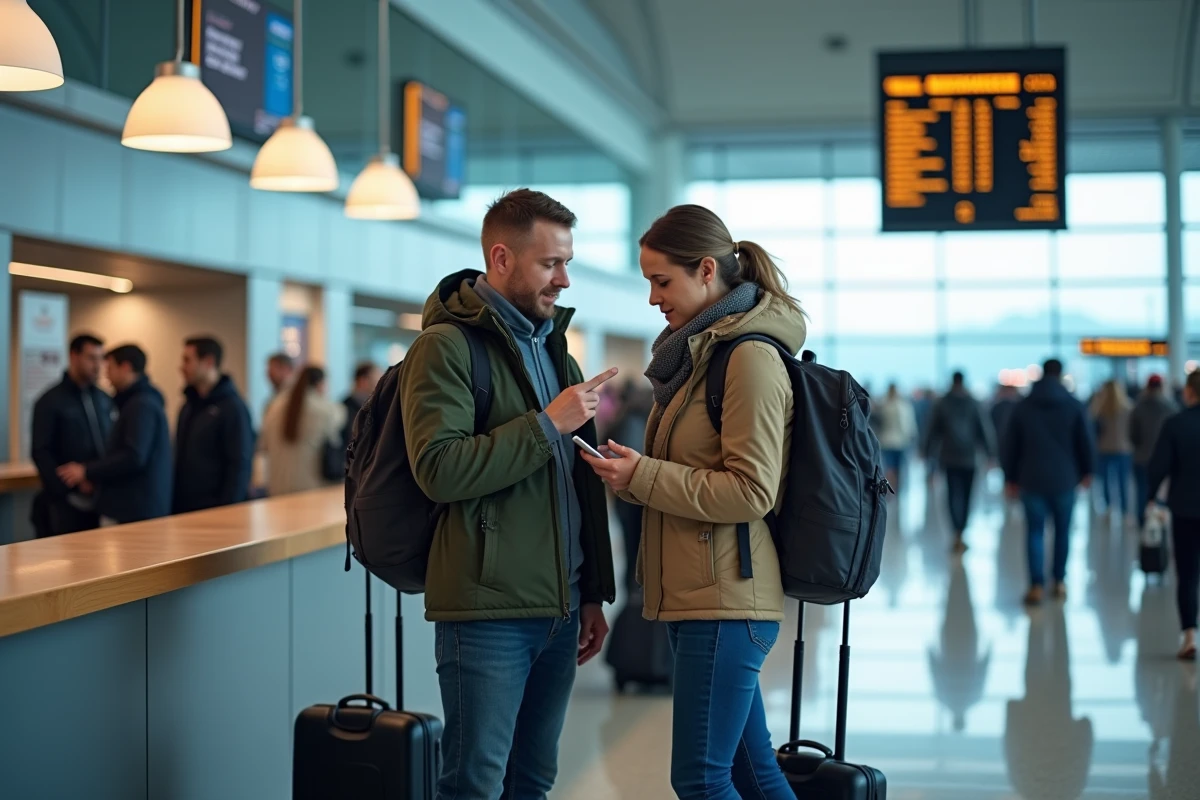 Couple consultant un tableau des départs dans un aéroport international avec bagages