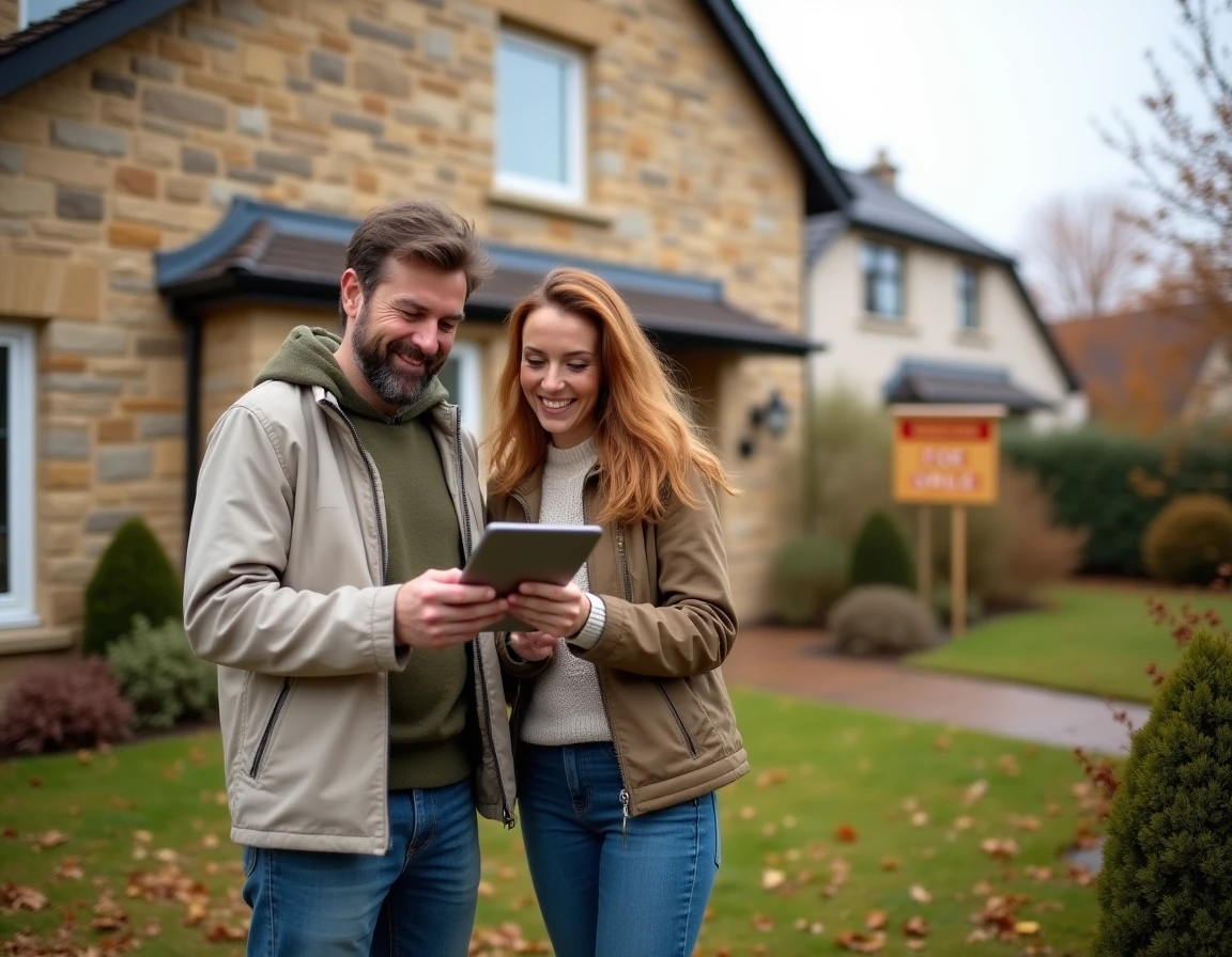 Couple visitant une maison à vendre en banlieue lors d'une recherche immobilière en automne