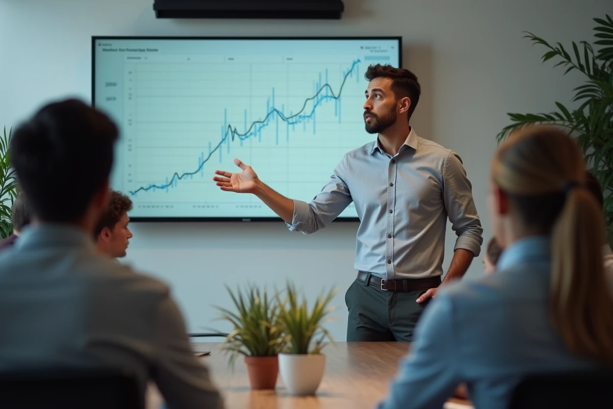 Dirigeant de startup présentant des données de croissance financière à son équipe dans une salle de réunion contemporaine