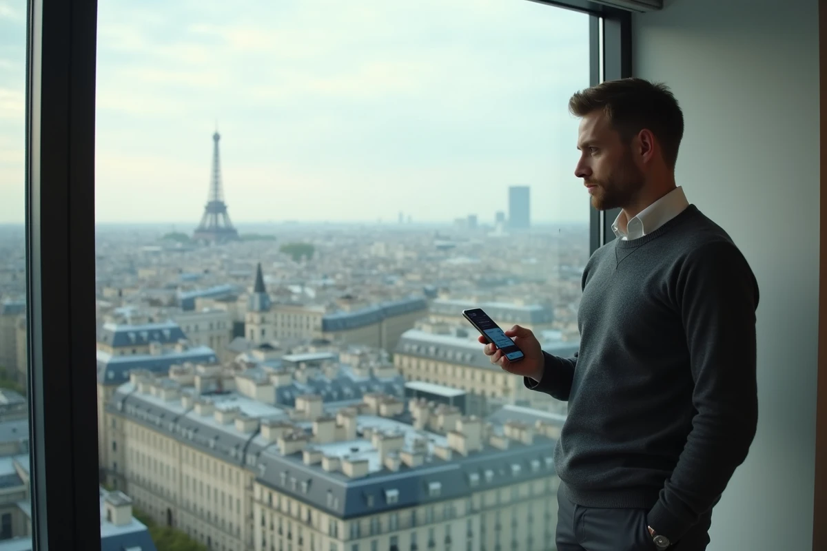 Entrepreneur fintech debout devant une fenêtre panoramique avec vue sur Paris, consultant une application de gestion de patrimoine sur son téléphone