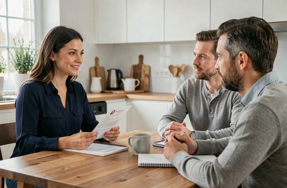 Entretien d'embauche pour une nounou autour d'une table de cuisine moderne avec un couple de parents