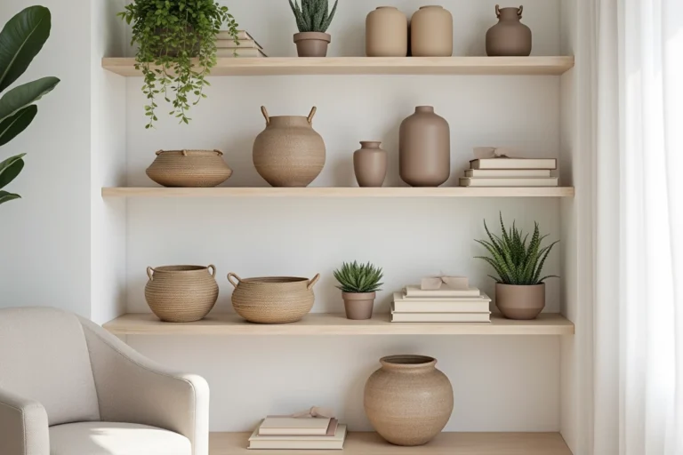 Étagère de salon moderne organisée avec des vases en céramique, des paniers en osier et des plantes succulentes dans un intérieur scandinave épuré