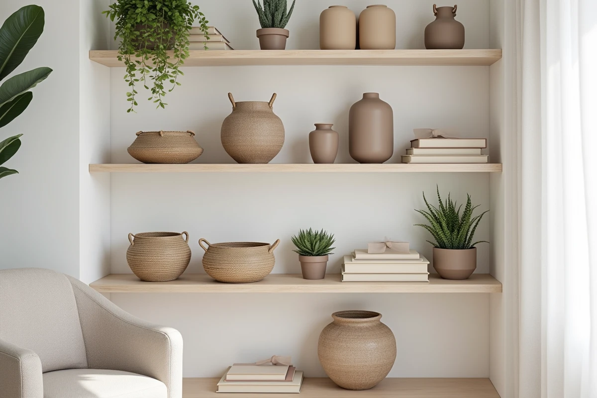 Étagère de salon moderne organisée avec des vases en céramique, des paniers en osier et des plantes succulentes dans un intérieur scandinave épuré