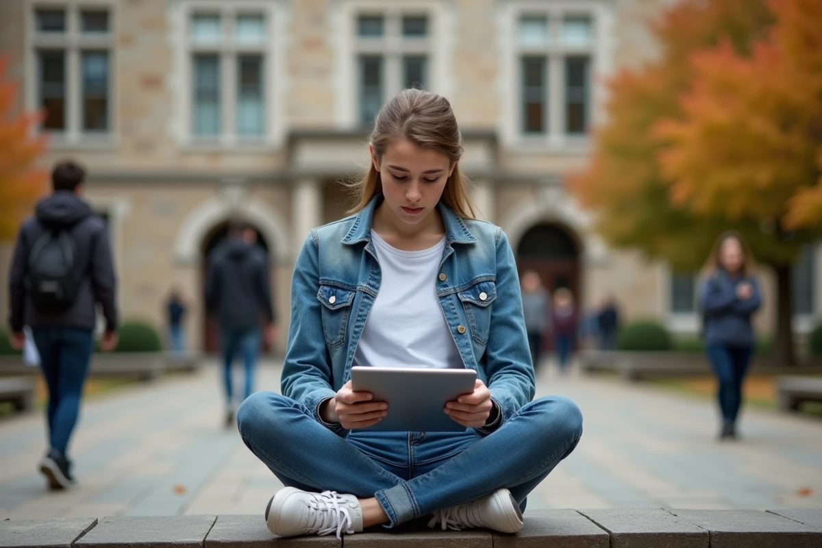 Étudiante consultant le webmail de l'académie de Lyon sur une tablette dans une cour de campus universitaire