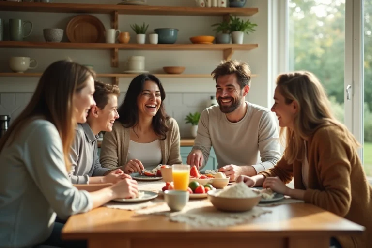 Une famille souriante prépare le petit-déjeuner ensemble dans une cuisine chaleureuse et conviviale
