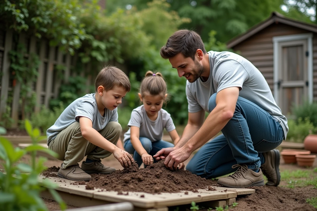 Un père et ses enfants jardinent ensemble dans un potager familial en plein air