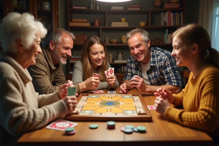 Famille réunie autour d'une table en bois pour une partie de nain jaune avec plateau et jetons colorés