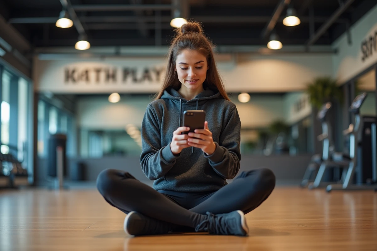 Jeune femme consultant les dernières actualités sportives sur smartphone dans une salle de sport moderne