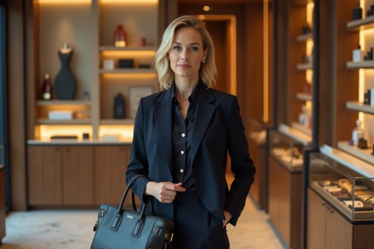 Femme élégante tenant un sac en cuir de luxe dans une boutique haut de gamme LVMH avec sols en marbre et présentoirs raffinés