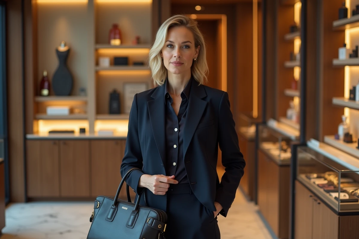Femme élégante tenant un sac en cuir de luxe dans une boutique haut de gamme LVMH avec sols en marbre et présentoirs raffinés