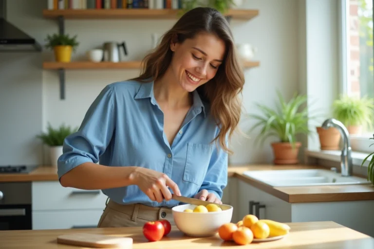 Femme souriante coupant des fruits dans la cuisine lumineuse