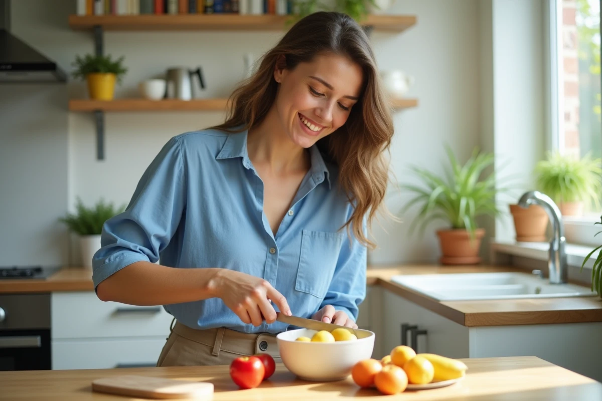Femme souriante coupant des fruits dans la cuisine lumineuse