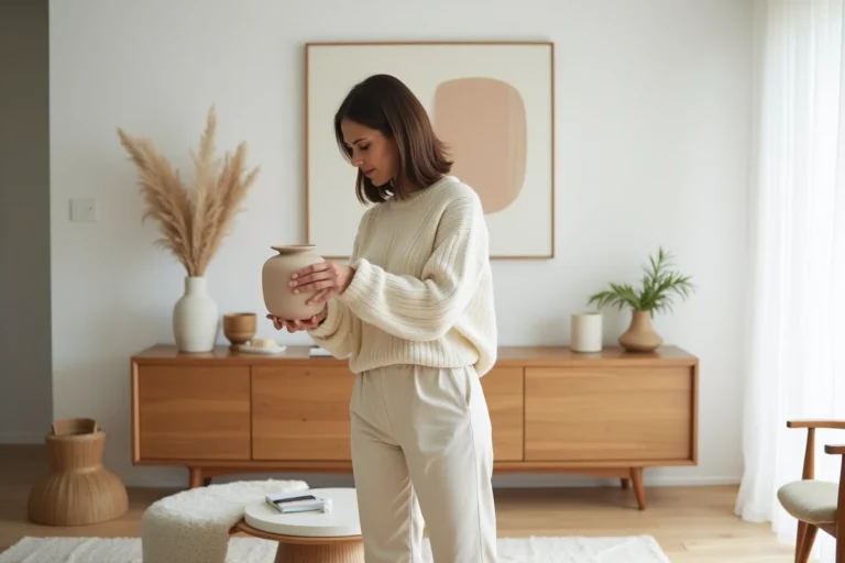 Femme arrangeant un vase en céramique dans un salon moderne