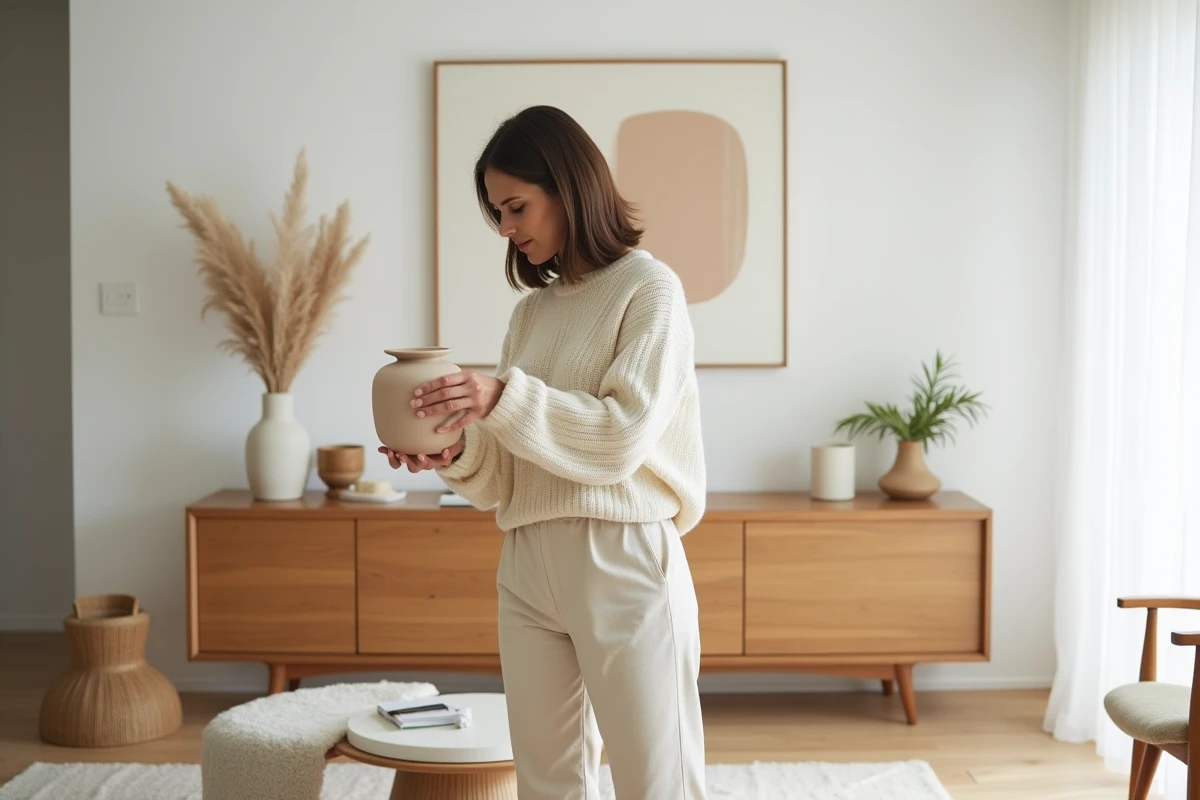 Femme arrangeant un vase en céramique dans un salon moderne