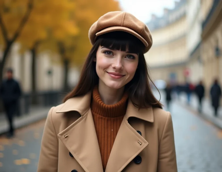 Jeune femme avec une frange droite portant un béret en laine camel sur un trottoir parisien en automne