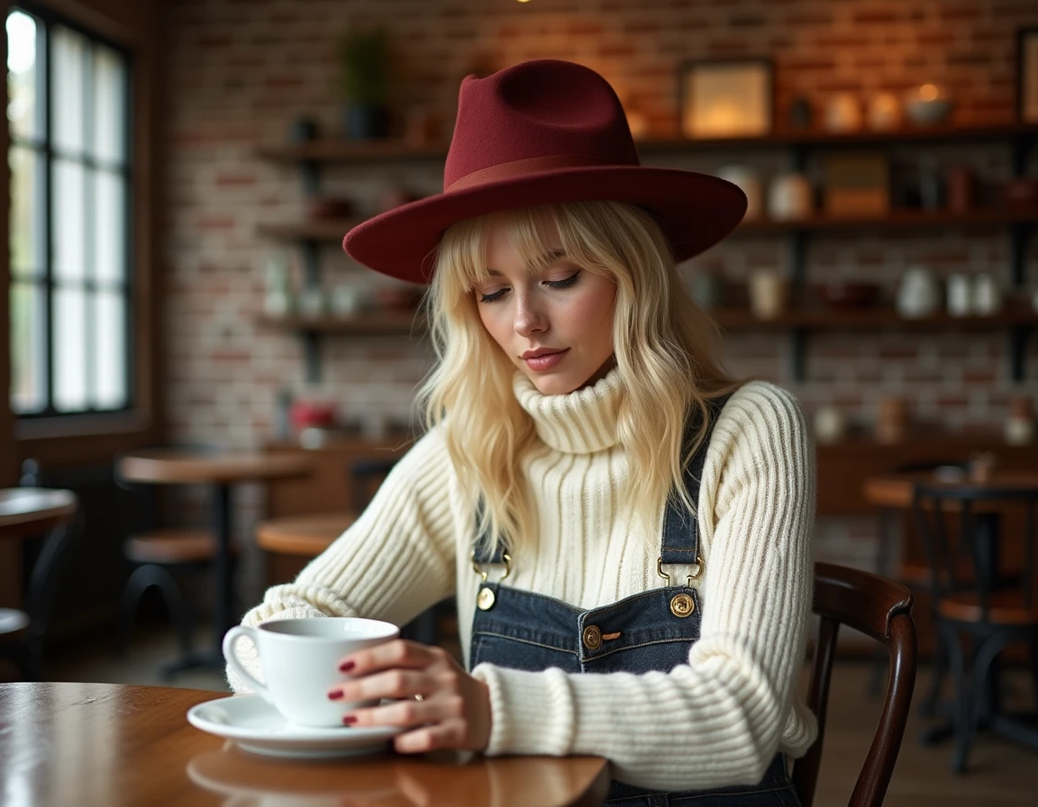 Femme blonde avec frange effilée et chapeau à larges bords bordeaux dans un café rustique