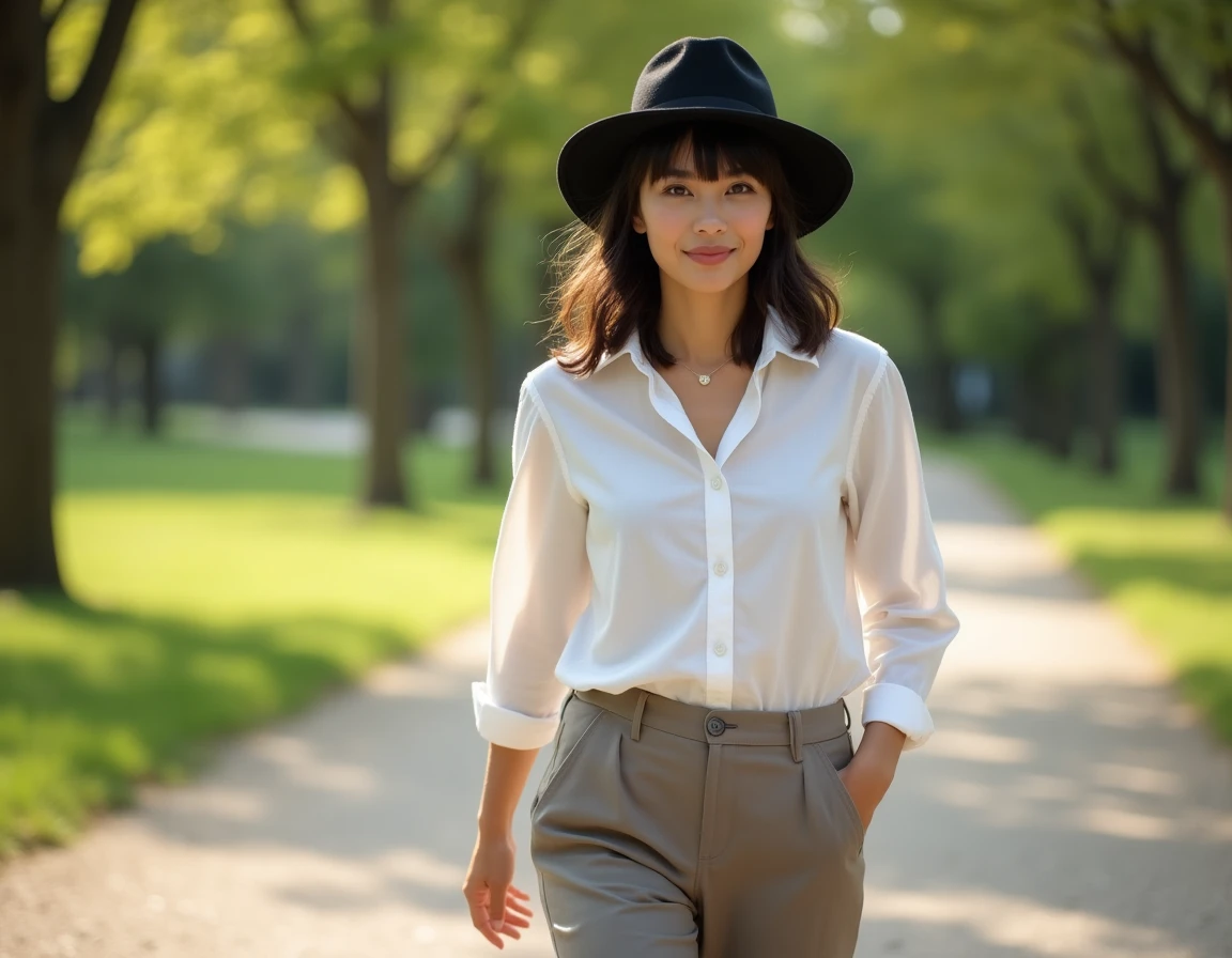 Femme avec une frange rideau et un chapeau fedora noir marchant dans un parc urbain ensoleillé