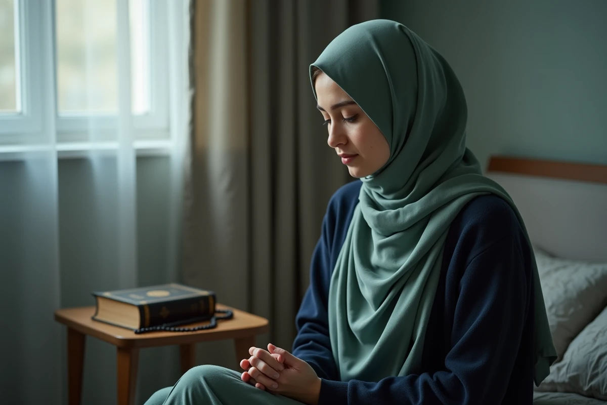 Jeune femme musulmane récitant des invocations du soir près d'une fenêtre avec un Coran et un chapelet