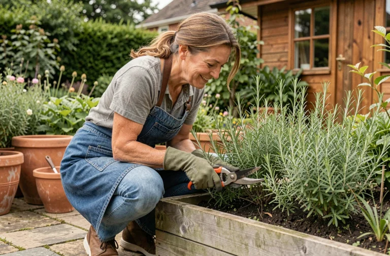 Femme qui taille des plantes aromatiques dans un jardin entretenu avec des outils de jardinage de qualité