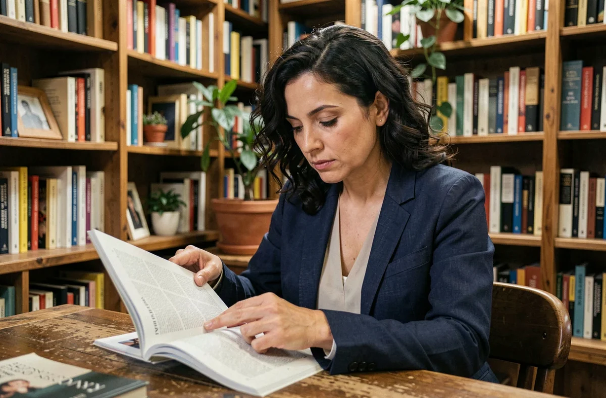 Femme lisant un journal littéraire dans une librairie indépendante entourée de livres