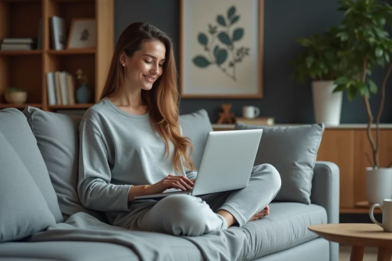 Femme détendue en loungewear gris dans un salon cosy