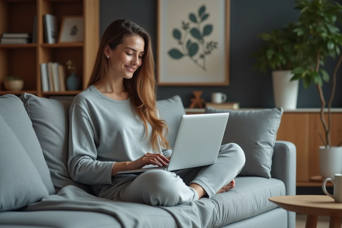 Femme détendue en loungewear gris dans un salon cosy