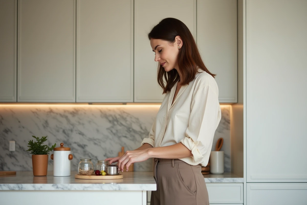 Femme arrangeant des accessoires décoratifs sur un plan de travail en marbre dans une cuisine contemporaine bien organisée