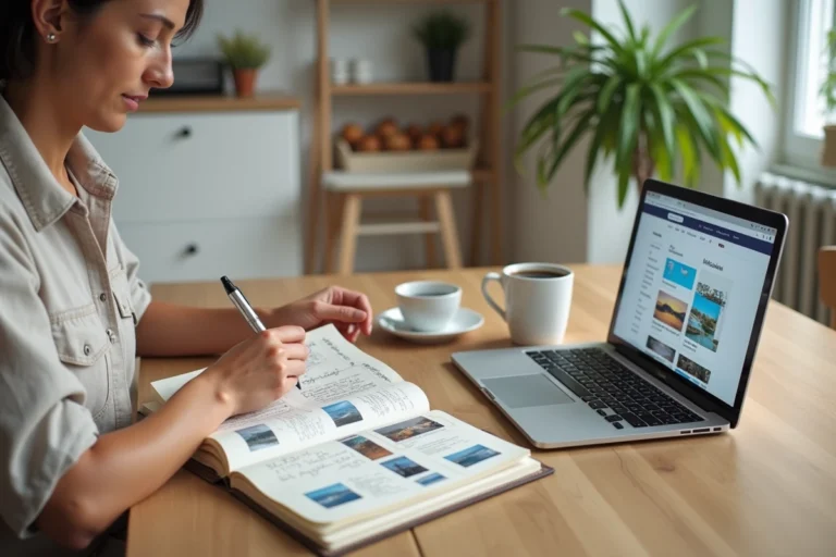 Femme organisant son voyage avec un carnet de notes et un ordinateur portable sur une table en bois