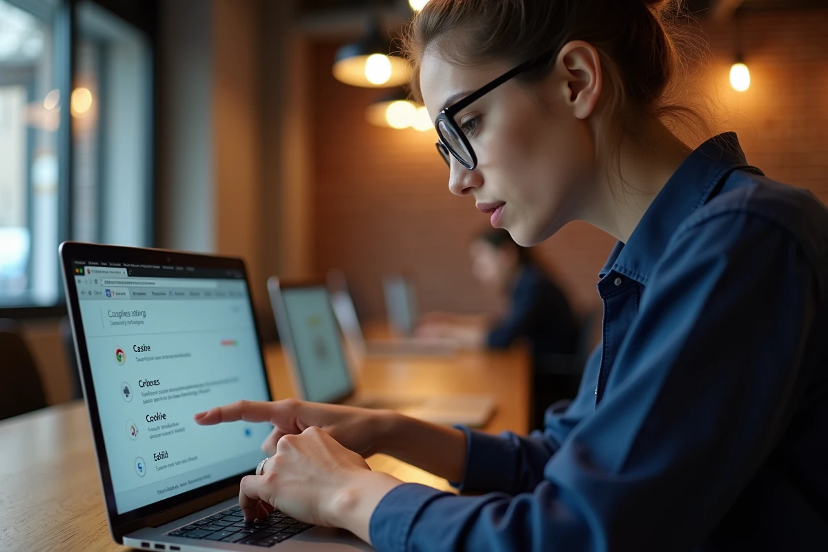 Femme en train de vider le cache de son navigateur pour résoudre un problème d'affichage sur Gozmap dans un espace de coworking