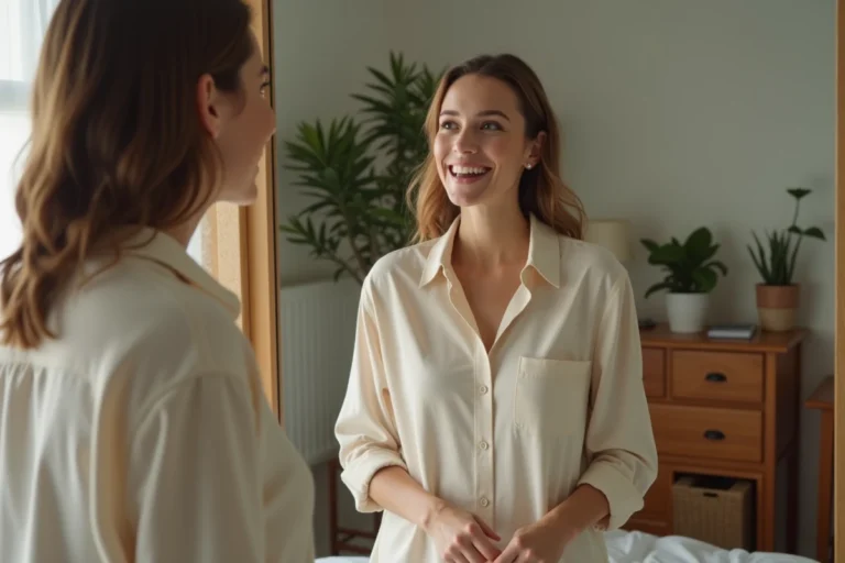 Femme souriante regardant son reflet dans un miroir