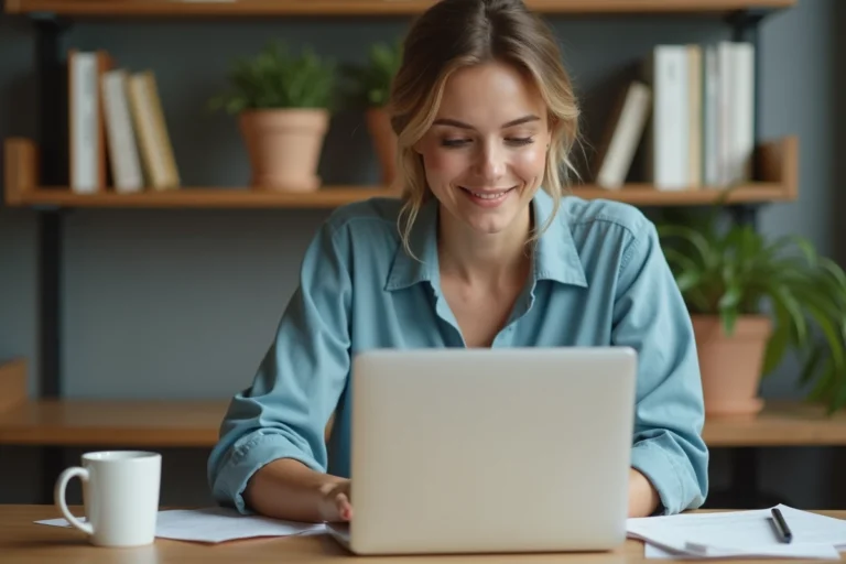 Jeune femme au bureau à domicile recherche emploi