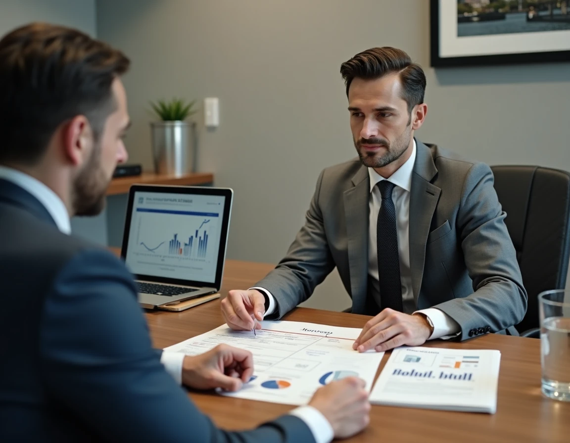 Homme en costume discutant d'un financement immobilier avec un conseiller bancaire autour de documents hypothécaires