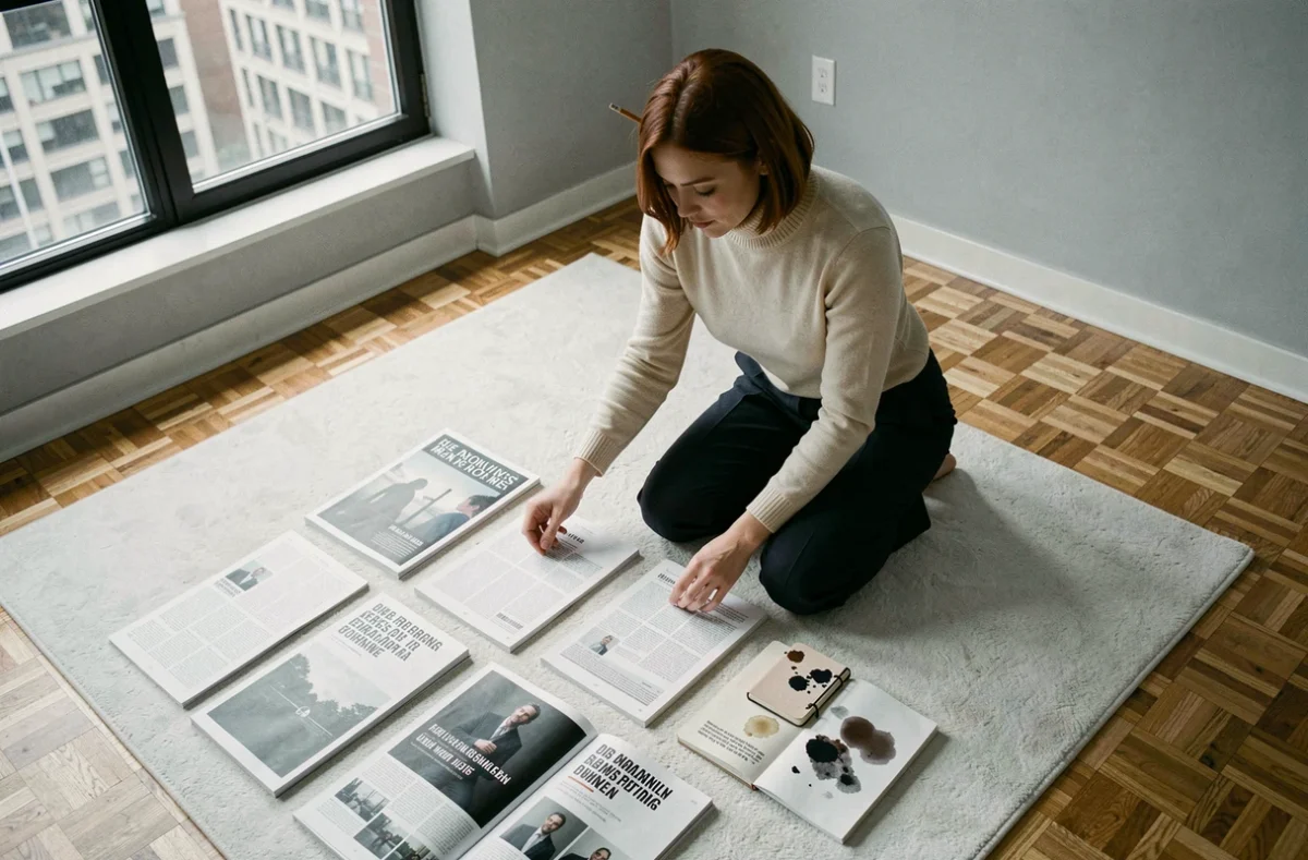 Jeune femme arrangeant un flat lay de magazines littéraires et carnets sur un parquet clair