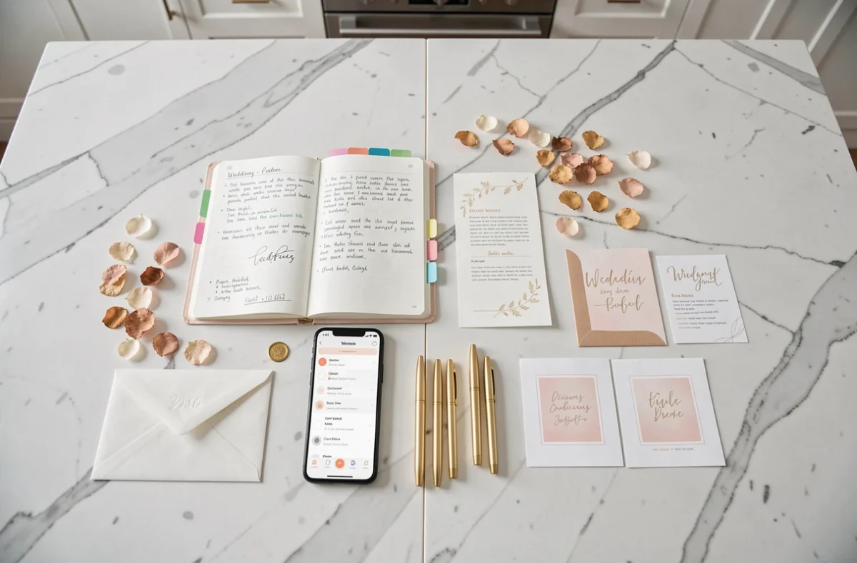 Vue de dessus d'une planification de mariage avec agenda, application mobile et papeterie dorée sur marbre blanc