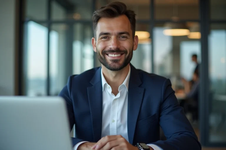 Fondateur d'une fintech assis à son bureau dans un bureau moderne, regardant un tableau de bord financier sur son ordinateur portable