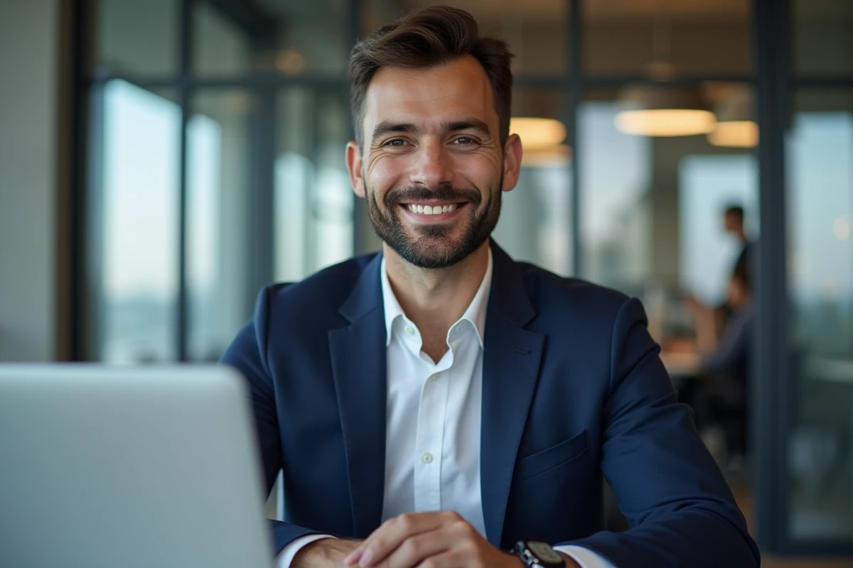 Fondateur d'une fintech assis à son bureau dans un bureau moderne, regardant un tableau de bord financier sur son ordinateur portable