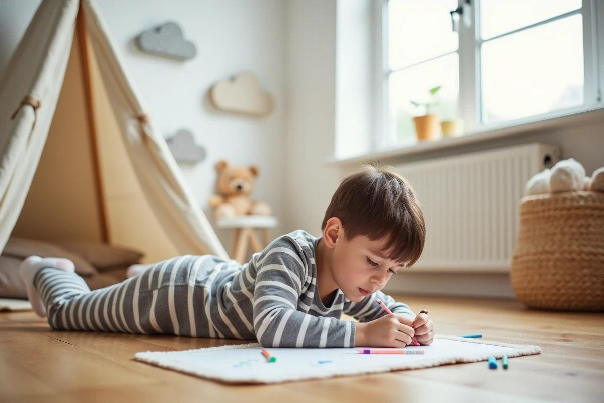 Garçon dessinant dans sa chambre lumineuse
