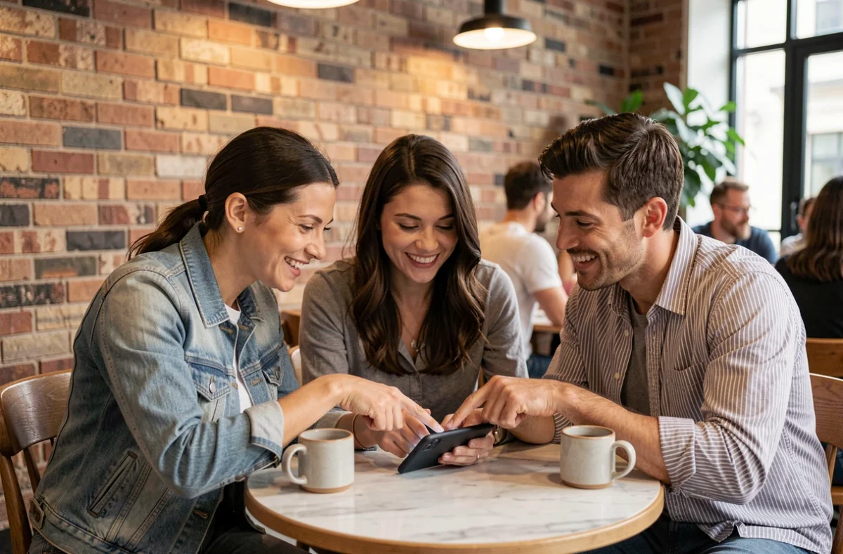 Groupe d'amis consultant une application de cagnotte collective sur smartphone dans un café